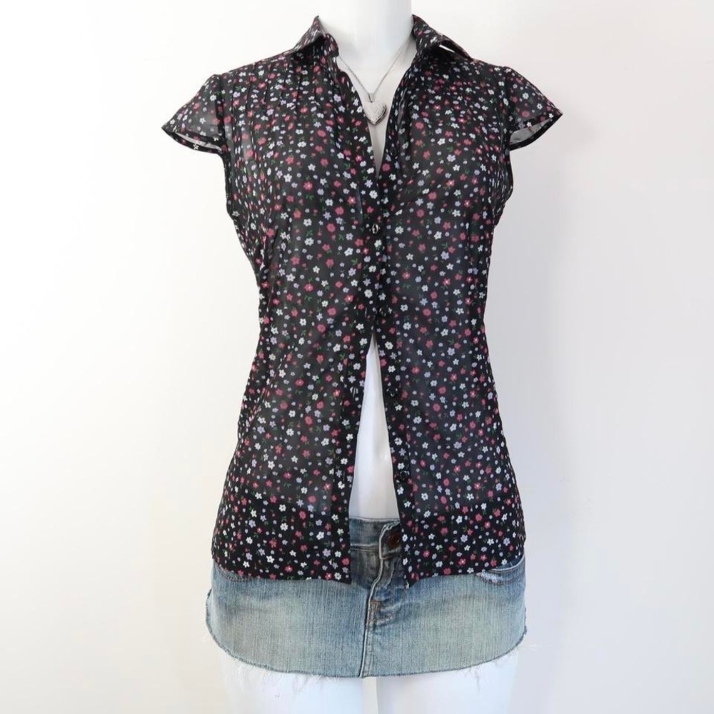 y2k sheer black floral button up blouse cap sleeve